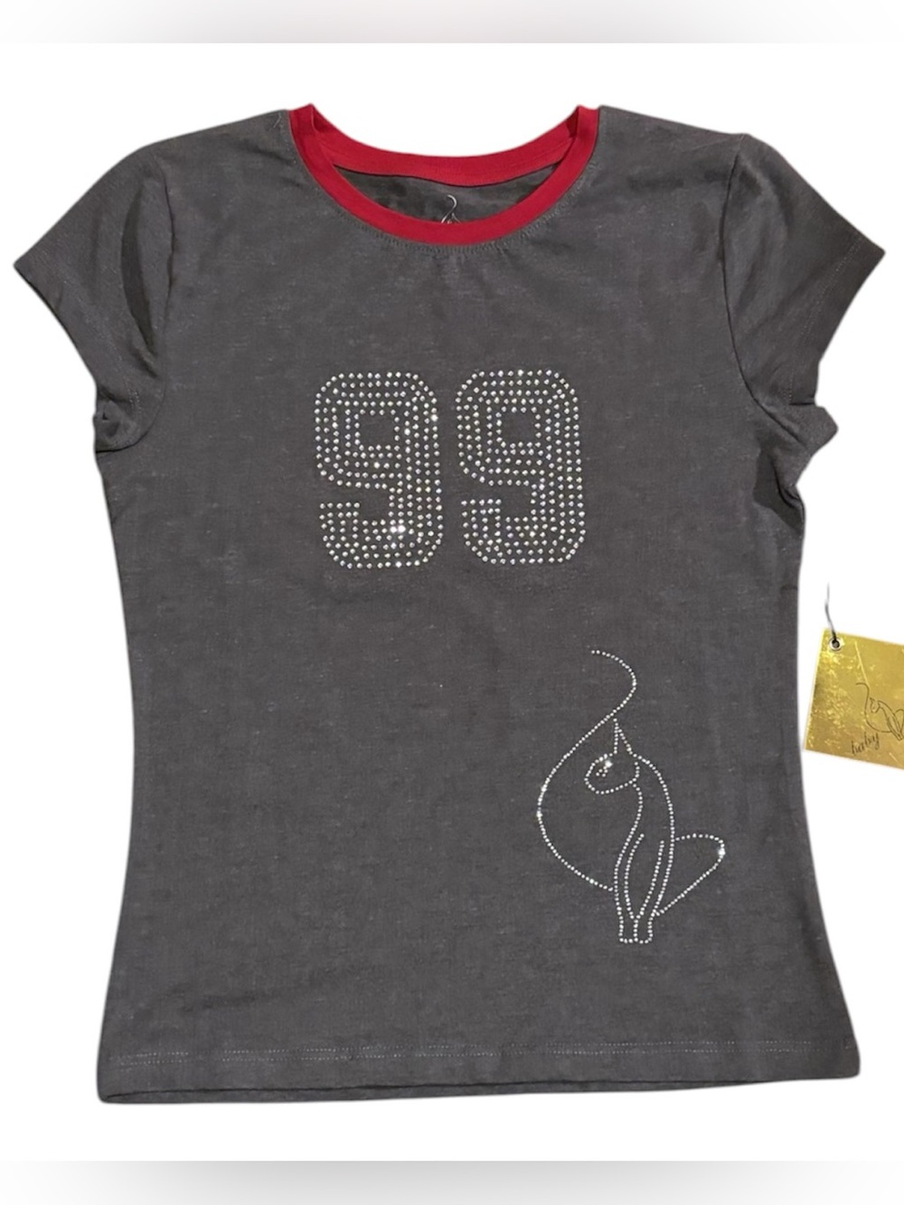 🌼 NWT Dark Heather Gray Rhinestone '99' Tee with Red Trim Size Medium 🌼